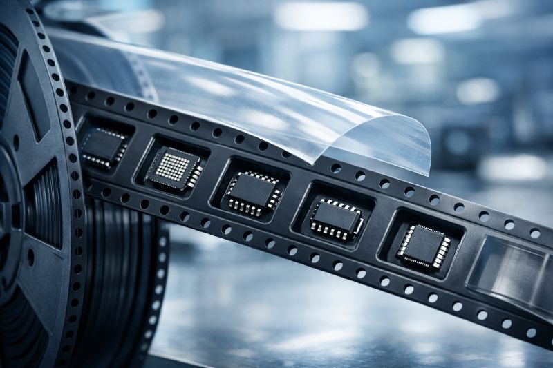 anti-static carrier tape holding semiconductor IC components in tape and reel packaging