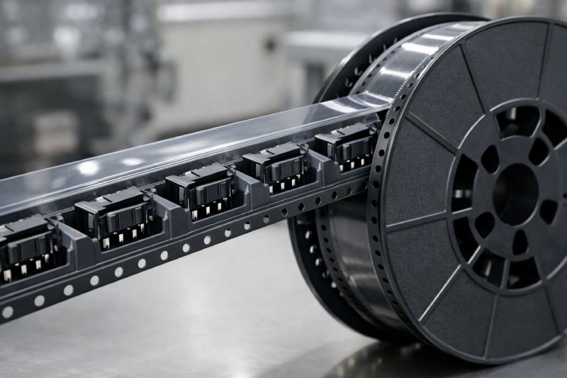 automotive connector carrier tape feeding into SMT pick and place machine