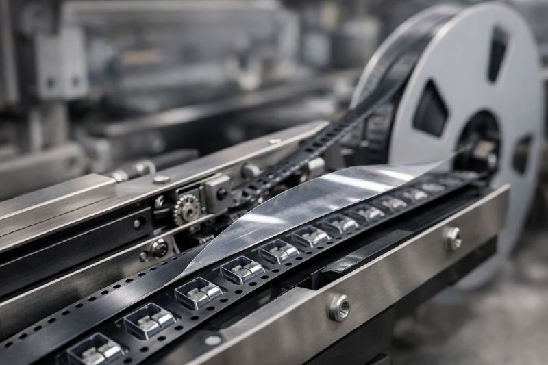 Carrier tape and reel packaging system operating in an SMT feeder, showing embossed carrier tape, controlled cover tape peeling, and precise feeding alignment for automated assembly