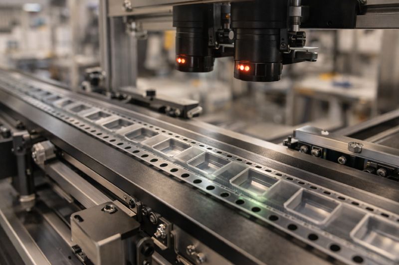 Fully automated carrier tape vision inspection system scanning embossed tape inline to ensure pocket alignment and feeding stability in SMT production.