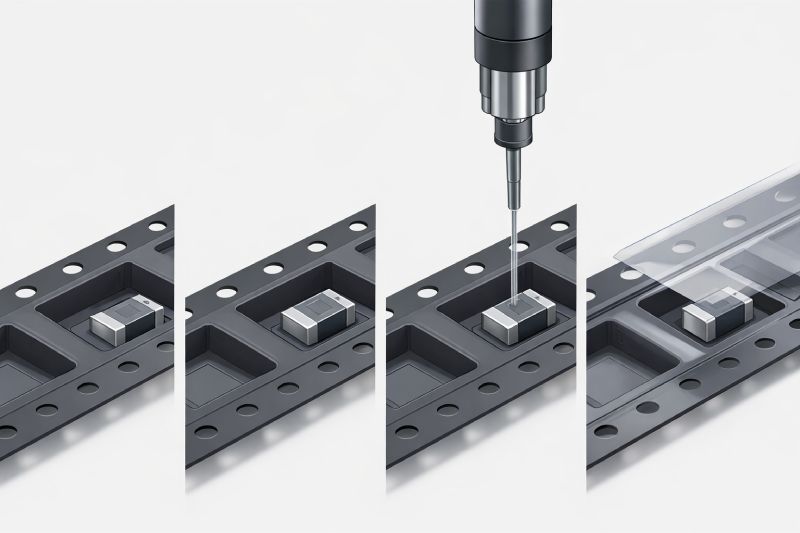 Step-by-step view of electronic components being loaded into carrier tape