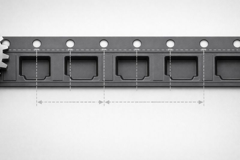 Relationship between D1 hole indexing, carrier tape pitch, and pocket positioning in SMT feeding