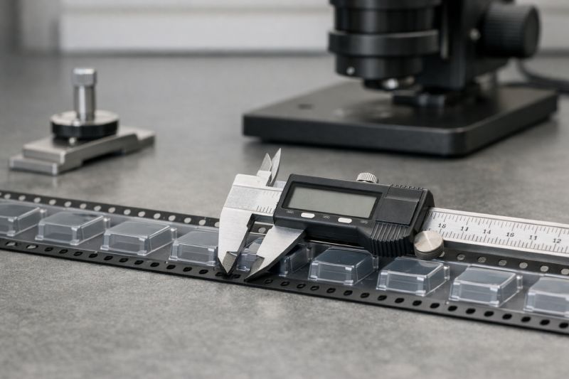 Digital caliper measuring carrier tape width and pocket geometry for SMT validation