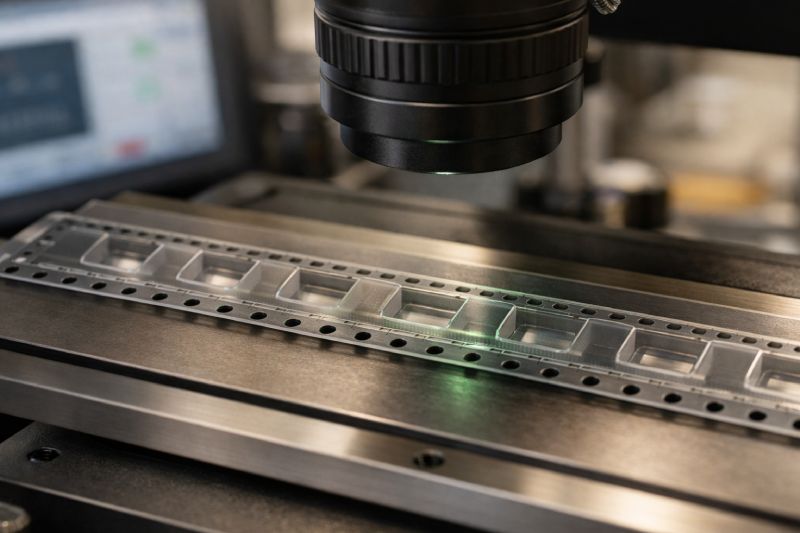 Carrier tape inspection machine measuring pocket dimensions and pitch alignment using a high-resolution vision system in an SMT laboratory environment.