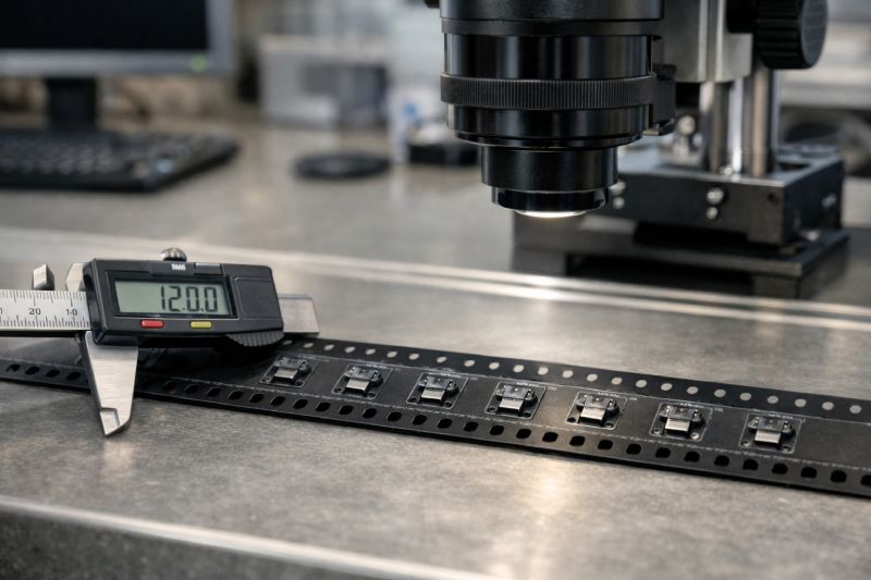 Carrier tape dimensional testing using digital caliper and optical microscope to verify pocket geometry and pitch accuracy for SMT production