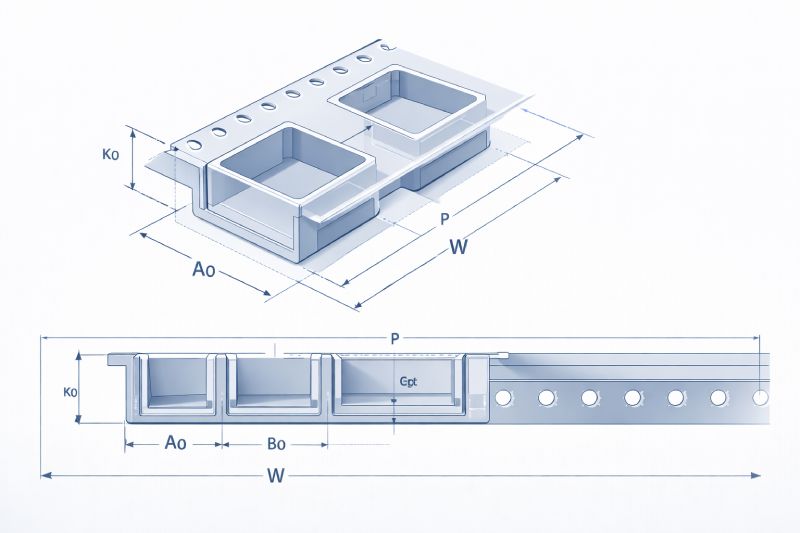 Carrier tape structure and dimensions according to EIA-481 standard including pocket and sprocket layout