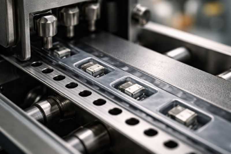 High-speed SMT feeder indexing embossed carrier tape with sprocket hole engagement and subtle pocket alignment deviation under dynamic conditions.