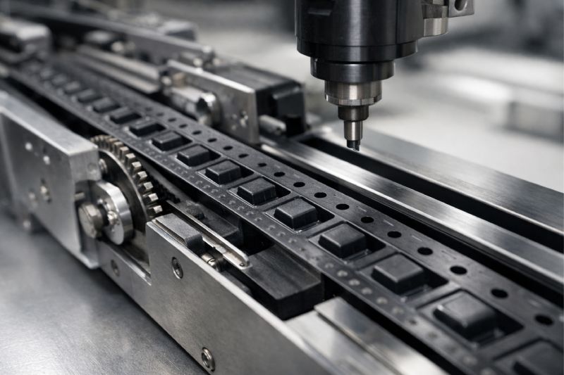 Embossed carrier tape running through an SMT pick-and-place feeder, showing pocket indexing and sprocket hole alignment for stable component feeding
