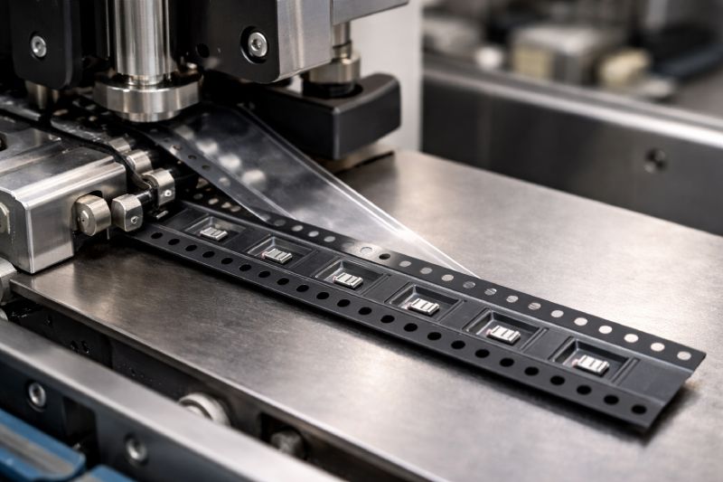 High-speed SMT feeder simulation showing embossed carrier tape indexing with sprocket engagement and cover tape peeling