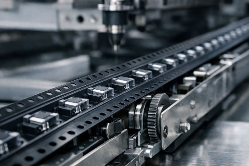 Embossed carrier tape feeding through an SMT pick-and-place feeder with aligned pockets and stable component positioning