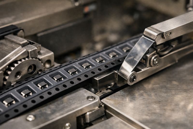 Carrier tape engaged with SMT feeder sprocket pins showing pitch progression and cover tape peeling