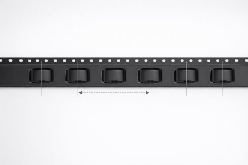Engineering illustration showing carrier tape pitch measured as the center-to-center distance between adjacent pockets in SMT packaging