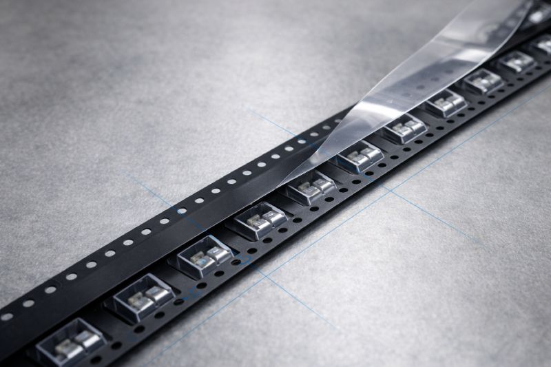 Top-down view of SMT carrier tape showing consistent pocket pitch, D1 sprocket hole alignment, and stable cover tape peeling within a tape and reel feeding system