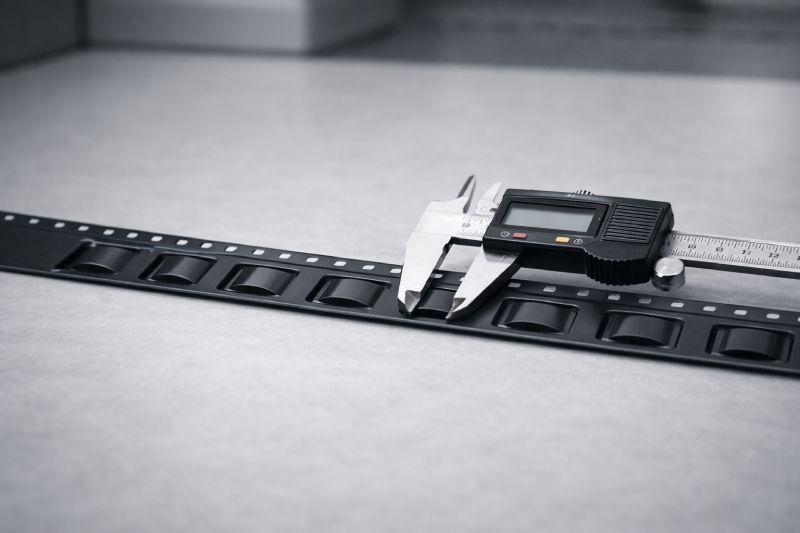 Carrier tape pitch measurement using a digital caliper across multiple consecutive pockets on an inspection workbench