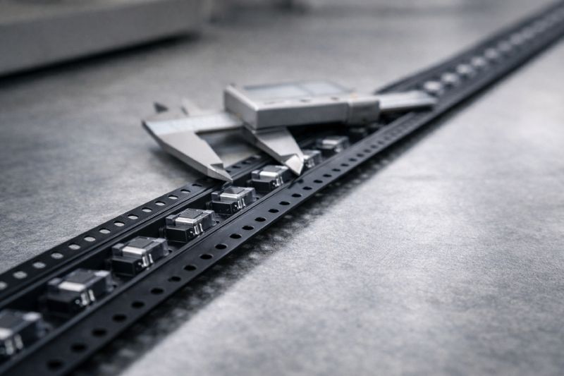 Inspection of carrier tape pitch tolerance across multiple consecutive pockets using a digital caliper on an engineering workbench