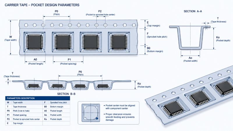 carrier tape pocket design showing dimensions and pitch spacing for SMT packaging