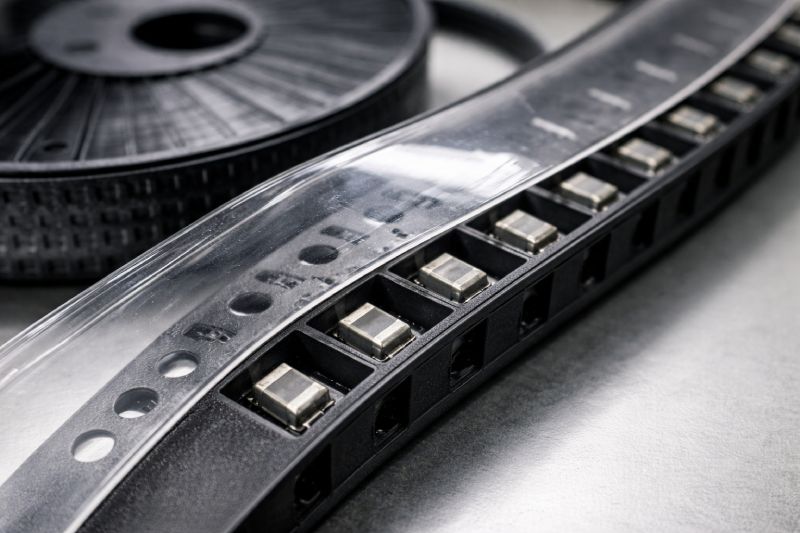 electronic components inside carrier tape pockets with cover tape