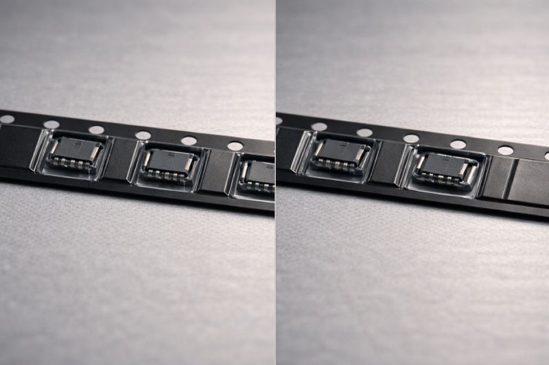 Comparison of component rotation inside carrier tape pockets showing stable fit versus excessive clearance.