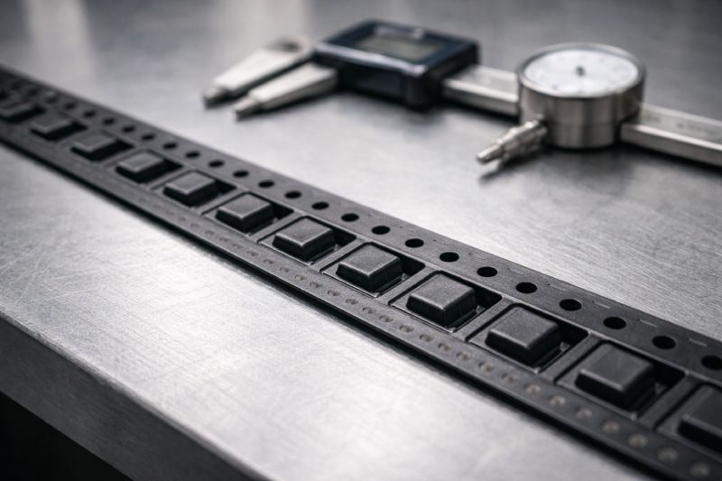 Carrier tape laid flat on an inspection workbench, showing pocket pitch and sprocket hole alignment as part of SMT carrier tape specification validation