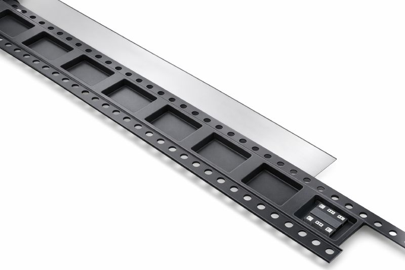carrier tape structure showing pockets pitch and sprocket holes for SMT feeding