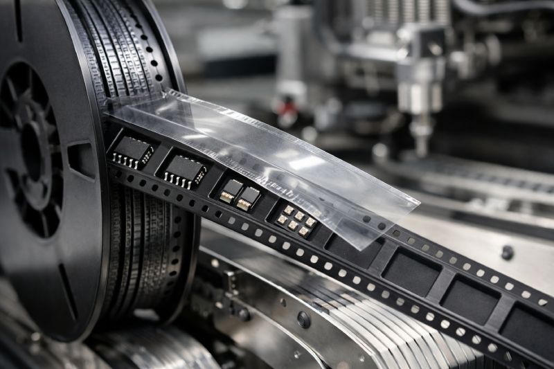 carrier tape in tape and reel packaging holding electronic components for SMT assembly
