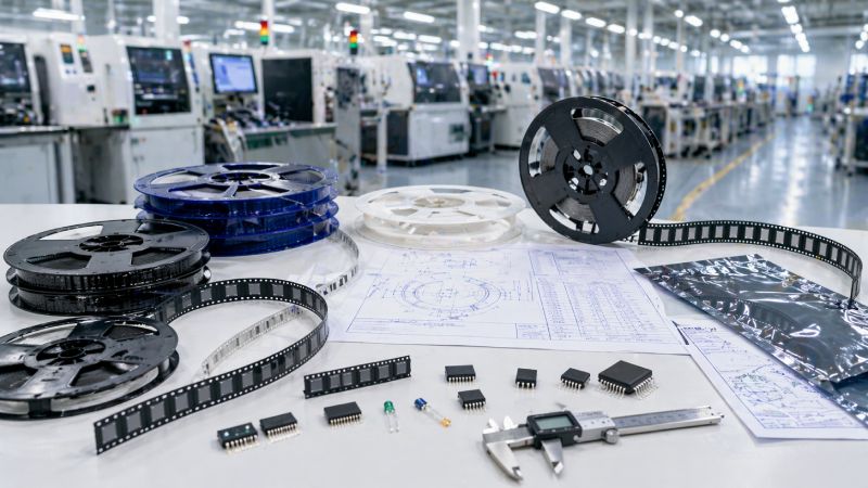 Engineer and buyer comparing tape and reel packaging samples and carrier tape designs in an SMT factory