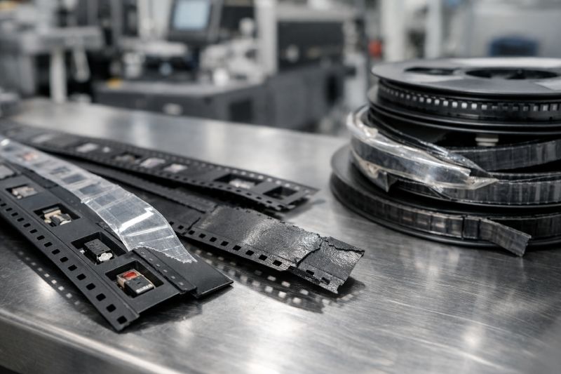 Common tape and reel packaging defects including loose cover tape, rotated components, cracked carrier tape, and uneven reel winding.