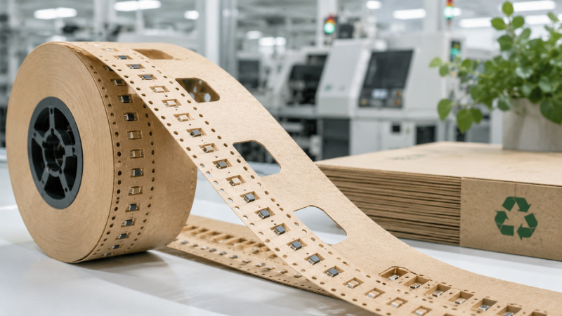Eco-friendly paper carrier tape reel with electronic components for sustainable SMT packaging