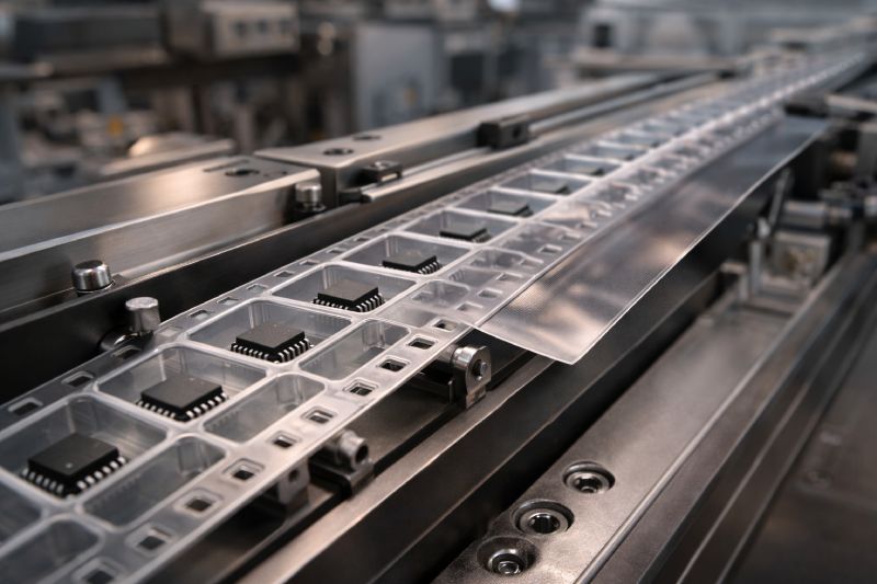 Embossed carrier tape running through high-speed SMT feeder with sprocket alignment and cover tape peel