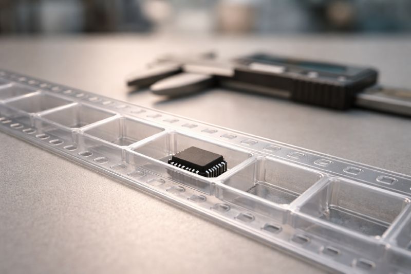 Close-up of embossed carrier tape pocket geometry showing component fit and lateral clearance in SMT application
