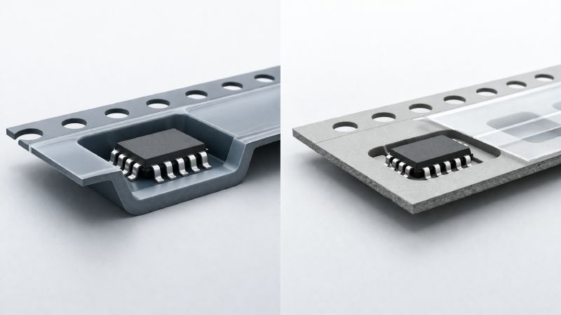 embossed carrier tape and punched carrier tape pocket structure cross section comparison