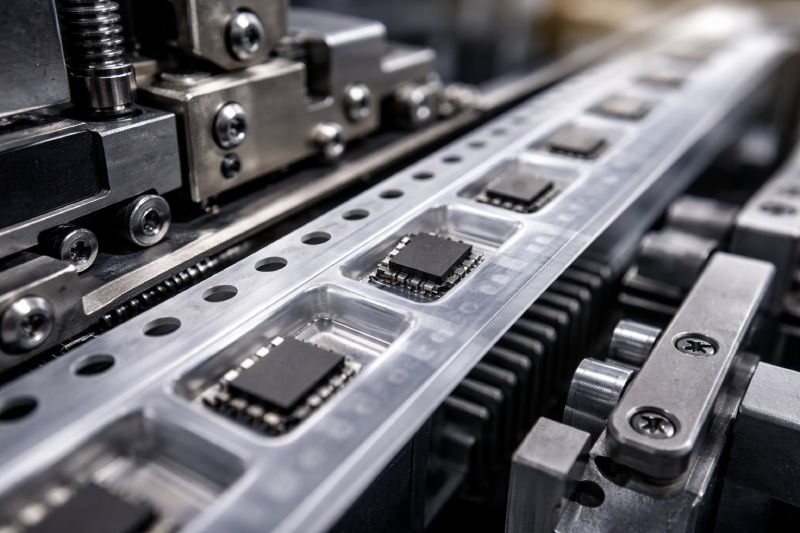 High-speed SMT feeder advancing embossed carrier tape with component slight misalignment caused by dynamic motion