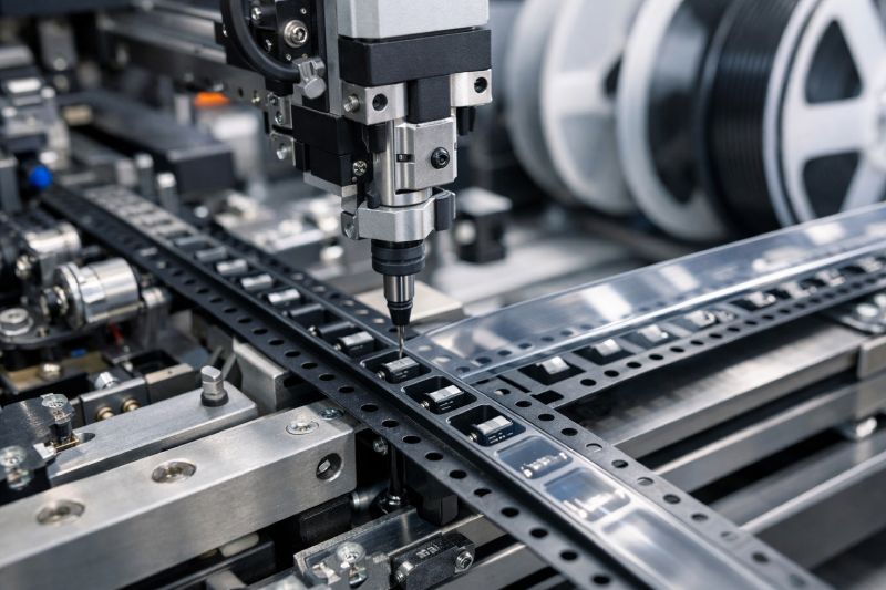 Automated machine loading electronic components into carrier tape pockets