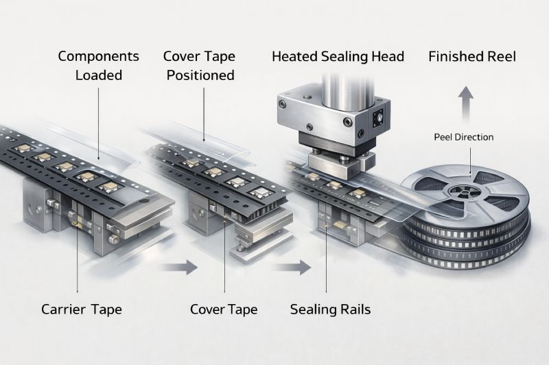 Four-step engineering diagram showing cover tape sealing process in tape and reel packaging