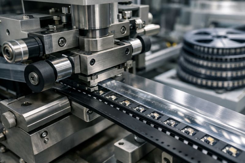 Automated cover tape sealing process on embossed carrier tape in tape and reel packaging line