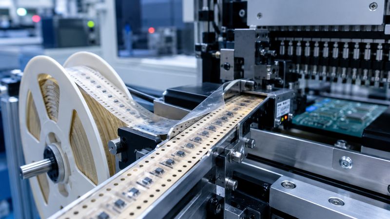 Paper carrier tape feeding through SMT machine during automated electronic component packaging
