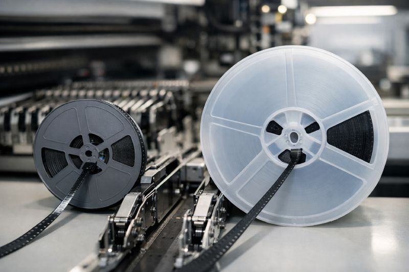 7-inch and 13-inch SMT reels feeding carrier tape into SMT feeders