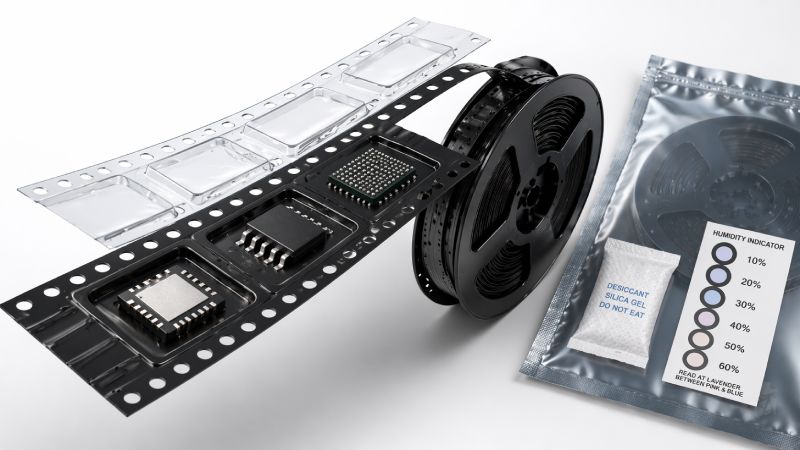 Exploded engineering view of carrier tape, cover tape, reel, and ESD packaging for IC chips