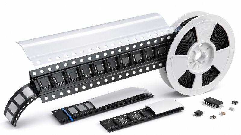 Tape and reel packaging structure with carrier tape, cover tape, and plastic reel