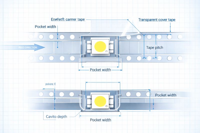 Engineering diagram showing LED carrier tape pocket dimensions and polarity orientation