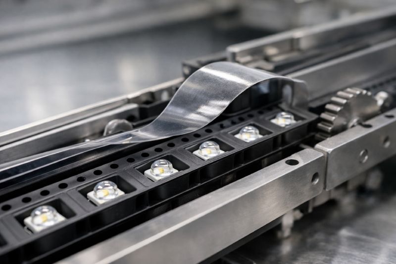 LED components seated in embossed carrier tape during SMT feeder operation