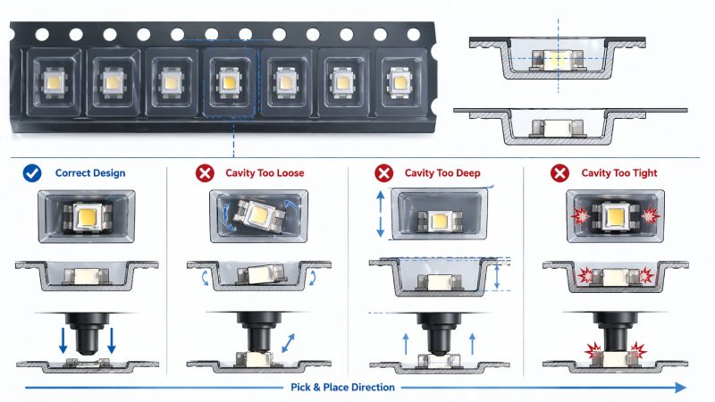 Engineering diagram showing correct and incorrect Mini LED carrier tape cavity designs