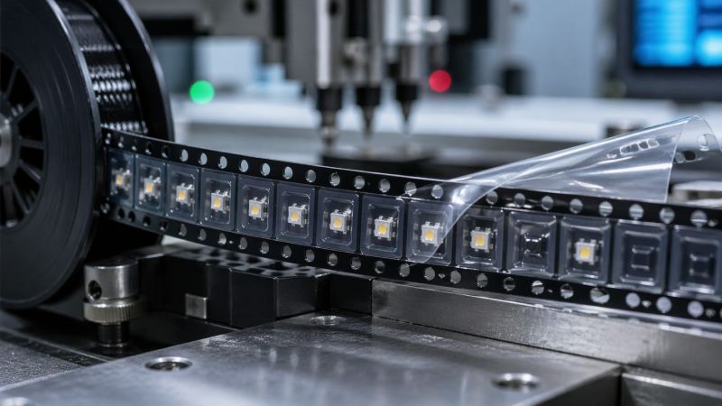 Mini LED components inside precision carrier tape cavities on a tape-and-reel packaging line