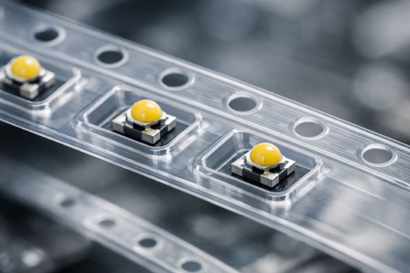 Mini LED components placed in precision embossed carrier tape pockets for SMT packaging