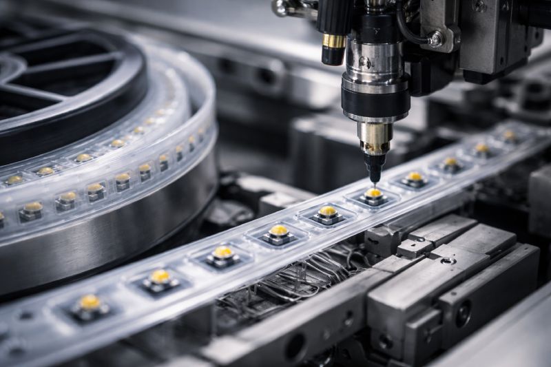 SMT machine picking Mini LED from carrier tape during tape and reel assembly