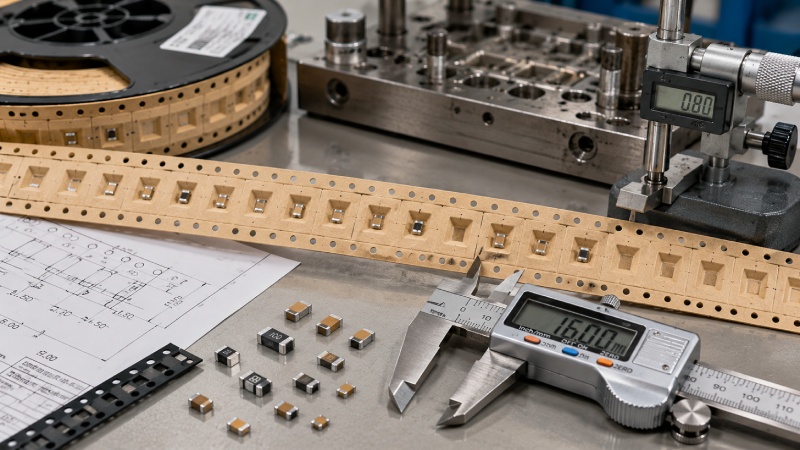 Precision inspection of paper carrier tape pockets, pitch, sprocket holes, and component fit