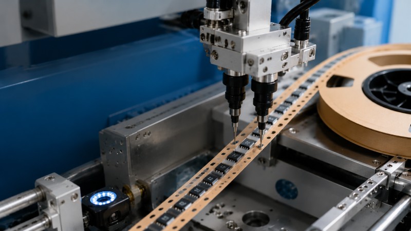 Automated paper carrier tape machine loading electronic components into tape pockets in a high-tech manufacturing environment.