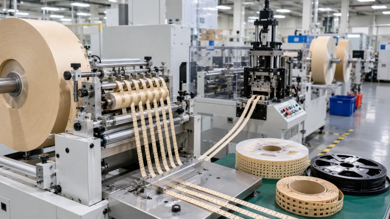 Paper carrier tape manufacturing process in a modern electronics packaging factory