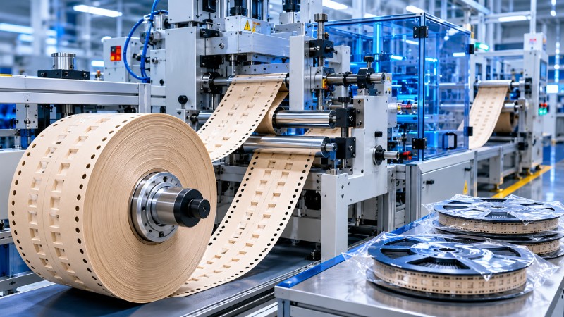 Paper carrier tape packaging process in an automated electronics packaging manufacturing facility