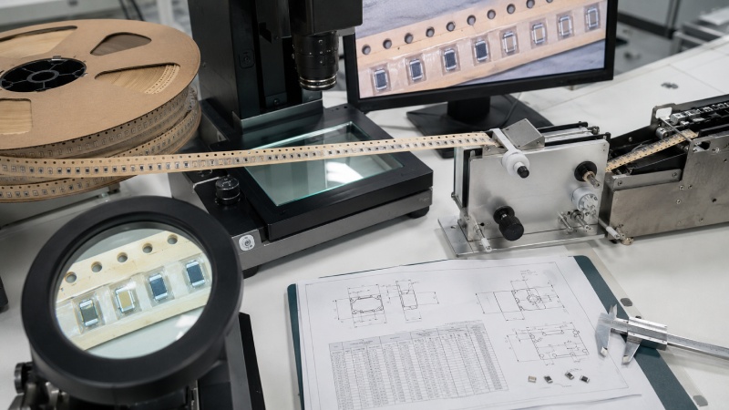 Paper carrier tape undergoing dimensional inspection, peel testing, and SMT feeder qualification.